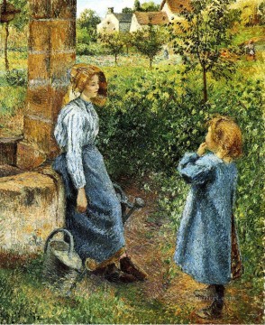 Camille Pissarro Painting - Mujer joven y niño en el pozo 1882 Camille Pissarro